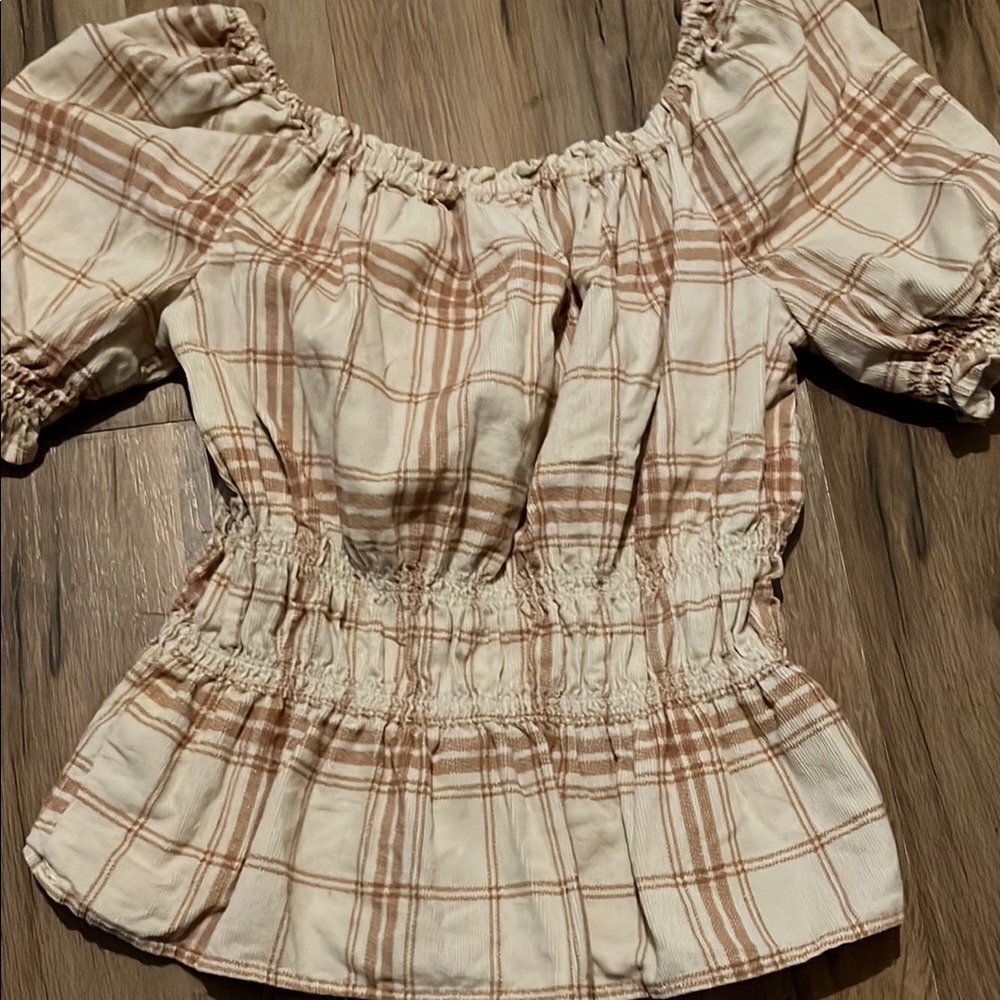 Wonder Nation Cream and Brown Plaid Smocked Blouse